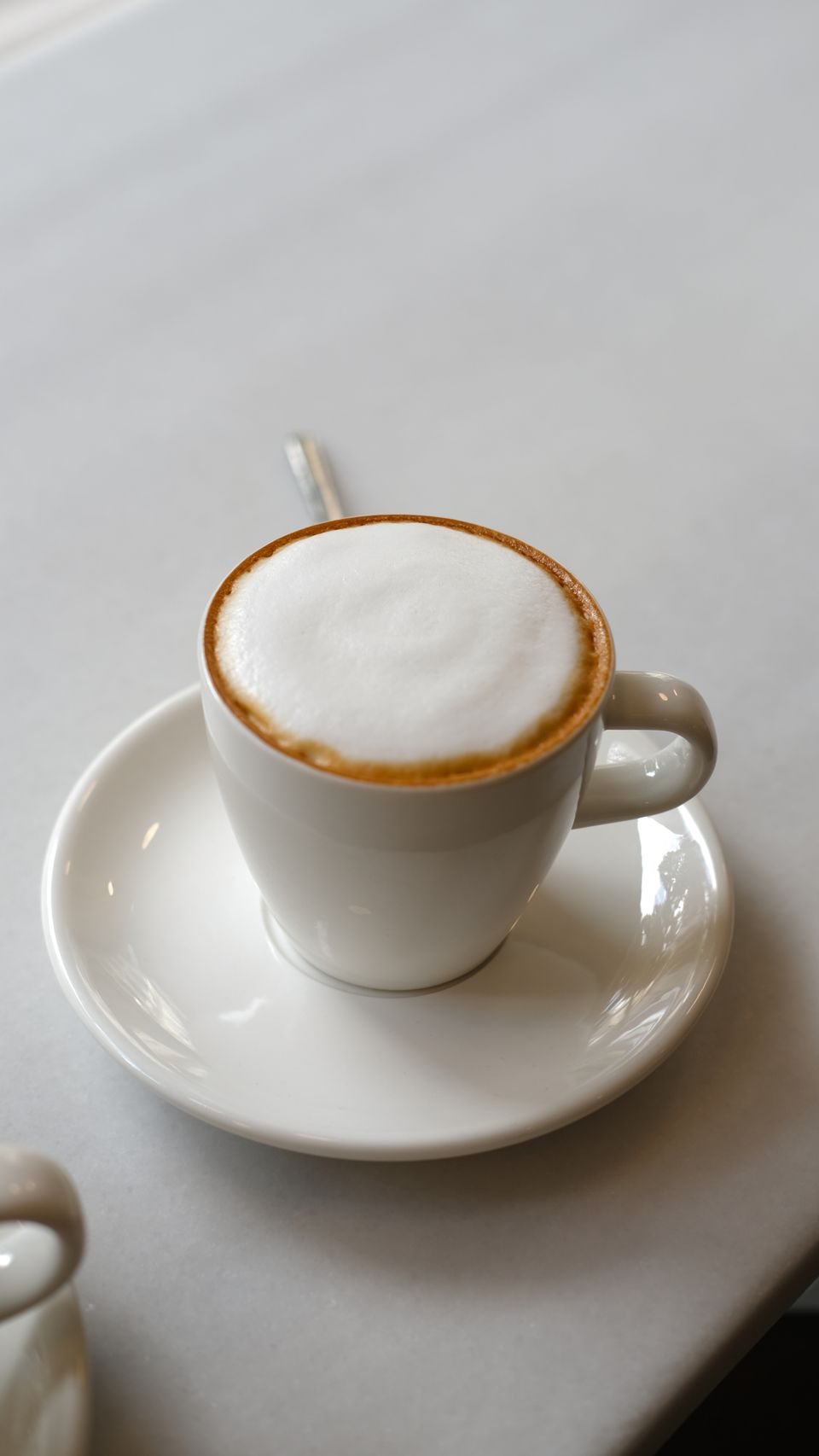Illustrative photo of a cappuccino with thick white milk foam in a white cup and saucer.