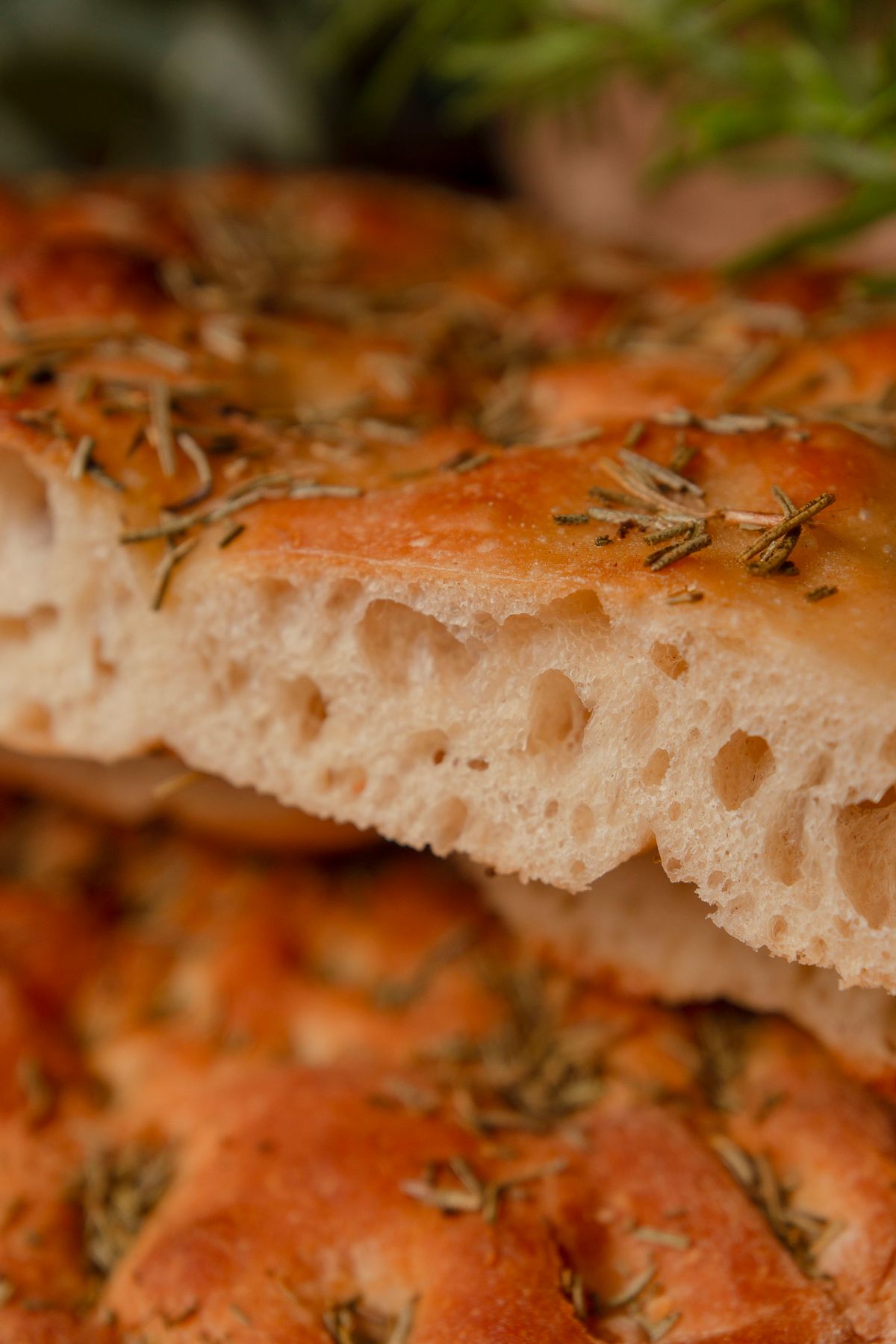 Close-up of rosemary focaccia bread; the finished tuna sandwich is not pictured.