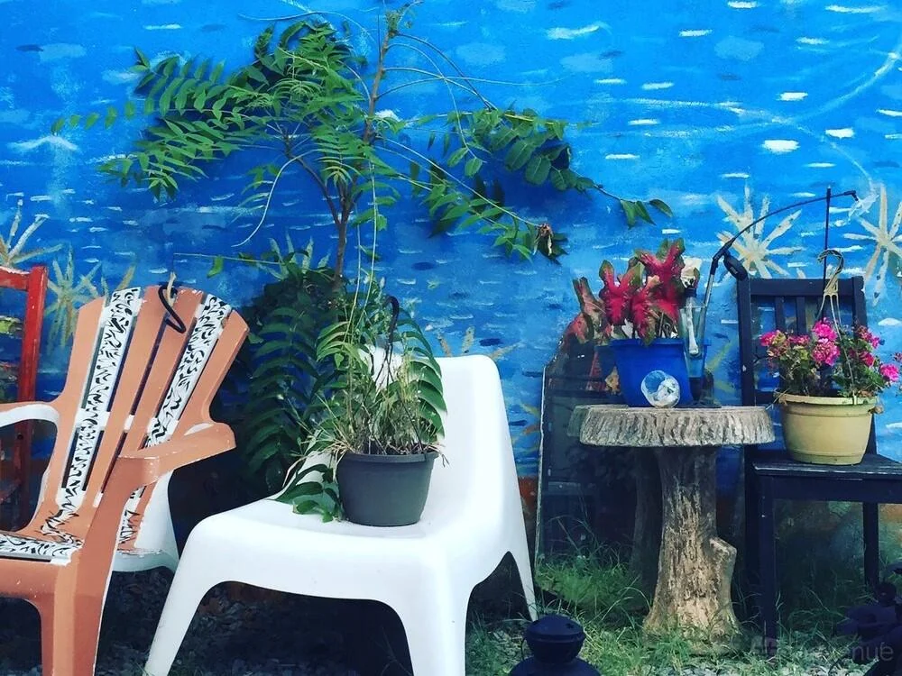 Plants and colorful chairs against the painted blue patio wall.